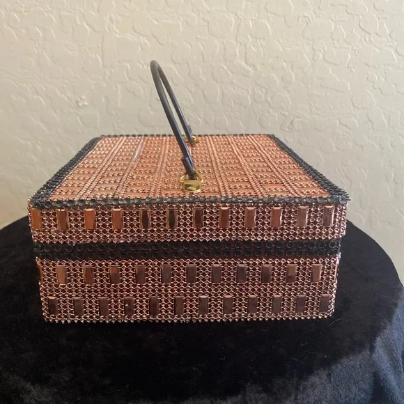 Rose Gold and Black Dress Box Purse with Black Handle, Mirror Inside - Picture 4 of 15